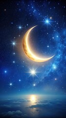 A majestic crescent moon shining brightly in the night sky with a few scattered stars