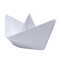 A single, origami paper boat floats against a dark background, shadows visible