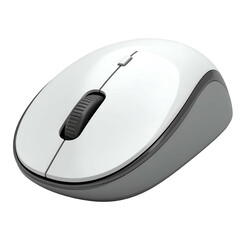 A white and grey wireless computer mouse, featuring a scroll wheel, over a black background