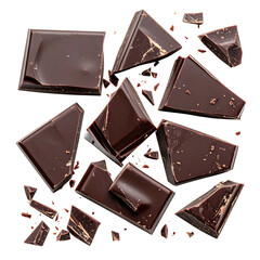 Close-up of glossy, broken dark chocolate pieces scattered on a black background
