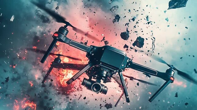Drone flying through explosion debris in war conflict