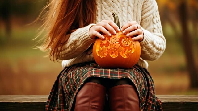 Woman with long auburn hair holding a carved Halloween pumpkin with autumn leaf designs, cozy sweater, tartan skirt, and leather boots in a fall outdoor setting for seasonal content, footage
