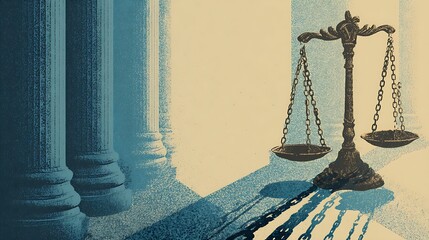 Illustration of justice scales and broken chains,