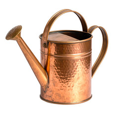 Copper watering can with a long spout and arched handle, isolated against a black background