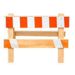 Wooden construction barrier with orange and white stripes, secured by bolts, against a black background