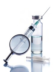 A medical syringe filled with a clear liquid substance on a white background