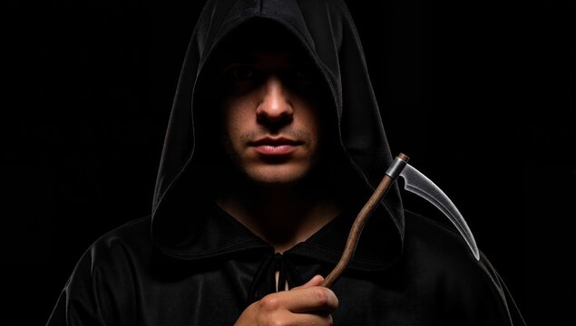 Man in a grim reaper costume holding a scythe for halloween. Mysterious dark figure in a black hooded robe on a black background