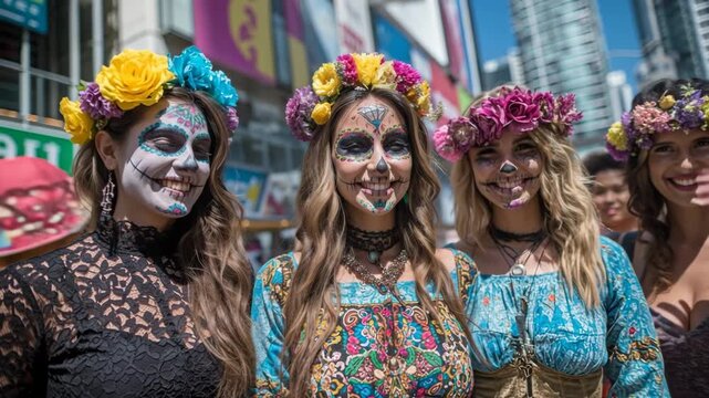 Day Of The Dead, women celebrate culture with colorful face paint, floral headpieces, and lively urban attire