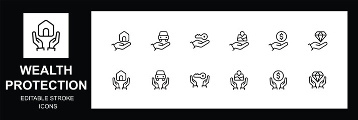 Wealth & Asset Protection Icon Set – Insurance, Finance, Property and Security, Editable stroke. Vector illustration.