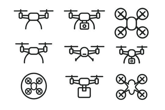 Set of drone icons: variety of quadcopters in line art style