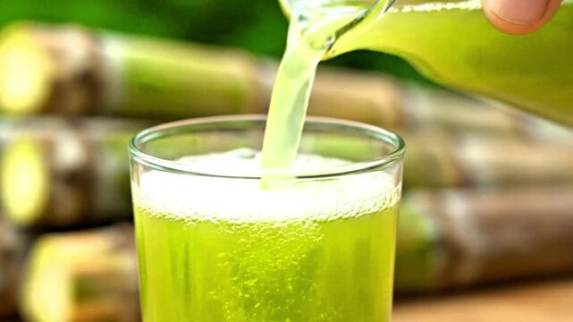 Close-up video of hands pouring sugarcane juice into a glass with sugarcane plants in the background, healthy drink, natural sugar,