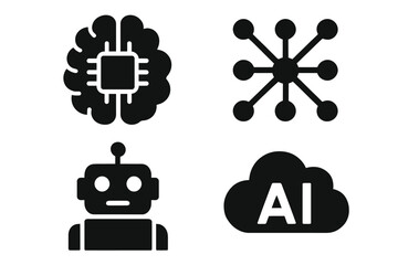 Artificial intelligence icons: brain, network, robot, cloud ai symbols in black and white