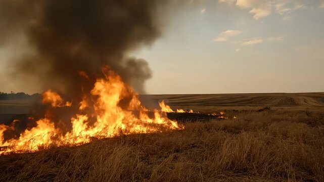 Raging Wildfire Burns Through a Dry Grassy Field Creating Thick Black Smoke.