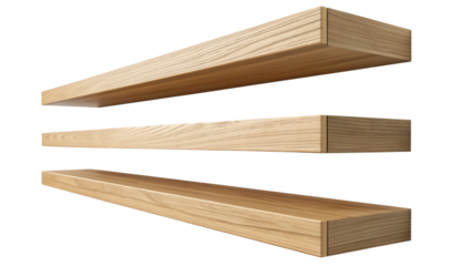 Three wooden planks or shelves isolated on transparent background