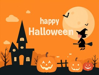 Cute Halloween Cartoon Vector Background, Orange Theme Full Moon Night Sky, Multi-expression Pumpkins with Flying Witch Design