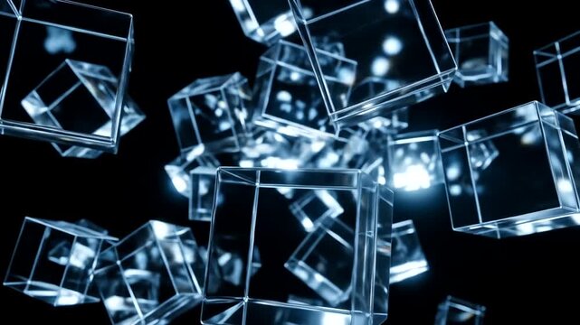 Many transparent glass cubes float against a dark background with light reflections.