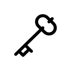 A simple black and white drawing of an antique key with a looped handle and a basic bit design shown isolated