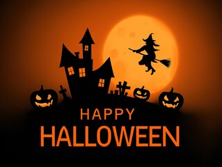 Orange Halloween Vector Background Illustration, Cartoon Pumpkin and Flying Witch Design, Haunted House Scene Happy Holiday Text