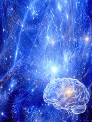Obraz premium Abstract rendering of a brain with bright glowing lights and cosmic elements