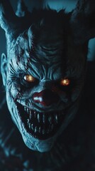 Creepy clown face with glowing eyes