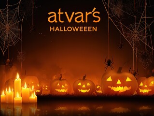 Halloween Theme Banner Design, Carved Pumpkins and Glowing Jack-o-Lantern Array, Spider Web Decor with Candlelight Shadows, Orange Color Mysterious Atmosphere