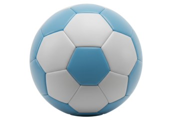 Isolated light blue soccer ball with white patches, sports equipment for fitness or recreation