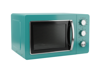 Isolated blue retro style microwave oven with dials and handle, classic kitchen appliance
