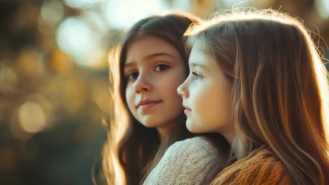 Two young girls, likely sisters, share affectionate embrace outdoors