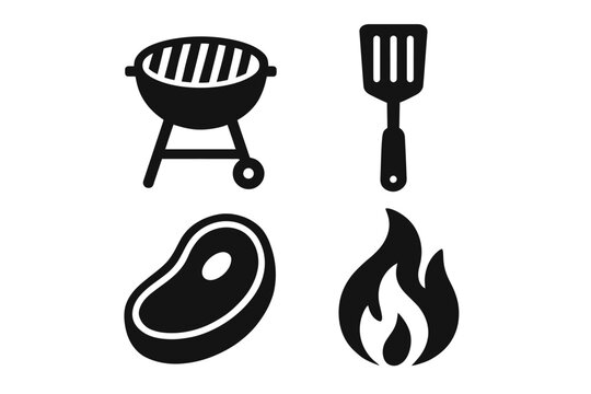Bbq icons: grill, spatula, steak, fire symbols for cooking designs