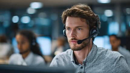 Medium shot showing a technical support operator managing urgent IT incident calls quickly diagnosing issues and routing requests to specialized teams.