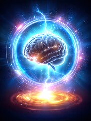 Obraz premium A glowing human brain encased in a neon energy field with lightning bolts