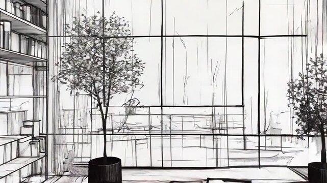 Modern living room interior design sketch blueprint