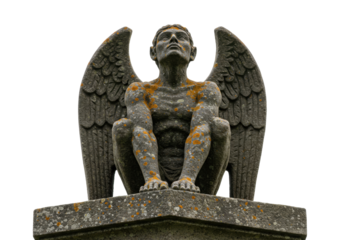 Isolated guardian angel statue with lichen growth, stone carving in a cemetery monument