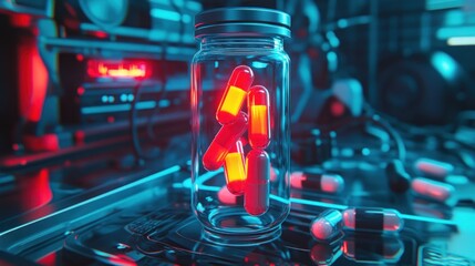 Capsules in a glass jar in laboratory setting