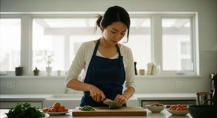 East asian woman in a modern kitchen preparing a meal, focused on chopping vegetables