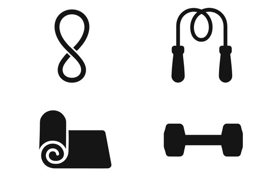 Versatile fitness icons: jump rope, dumbbell, yoga mat, and resistance band silhouettes