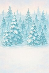 Fototapeta premium Winter wonderland scene with snow-covered pine trees in a serene, pastel landscape