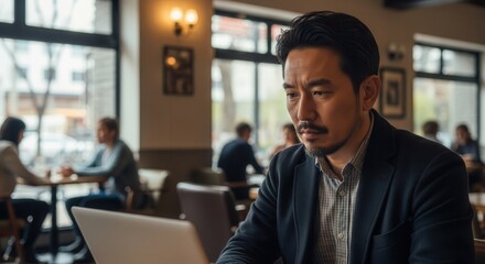 Fototapeta premium East asian man with focused expression working on laptop in a modern cafe environment