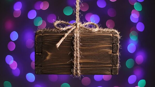 Small wooden box tied with twine, hanging against a background of colorful bokeh lights, creating a festive and mysterious atmosphere.