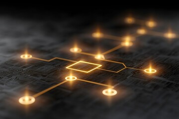 Glowing Digital Circuit Network with Orange Light Nodes on Dark Surface