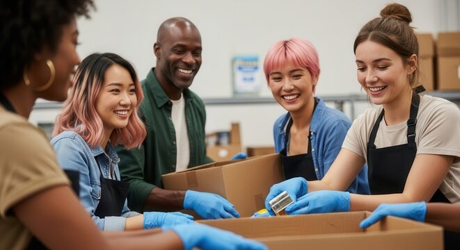 Diverse group of happy volunteers packing food donations in cardboard boxes at a charity event