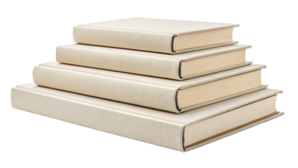 Stack of four creamcolored books with textured covers, isolated on transparent background