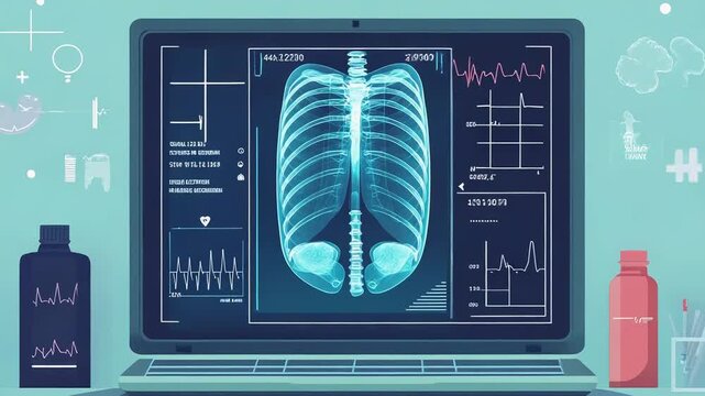 Medical laptop displaying human skeleton x ray diagnosis