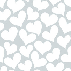 Cute grey hand drawn heart seamless pattern. Vector white love hearts texture on pastel gray background. Valentines day print, trendy abstract minimal design for prints, wrapping paper, wallpaper.