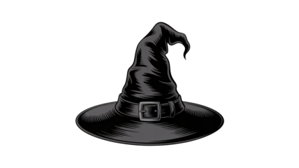 Vintage witch hat illustration perfect for Halloween designs, evoking mystery, magic, and spooky celebrations in a classic style.