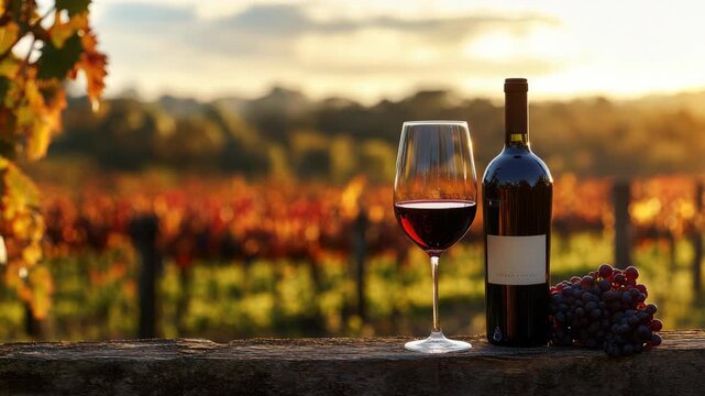 Wine bottle and glass in vineyard setting during sunset