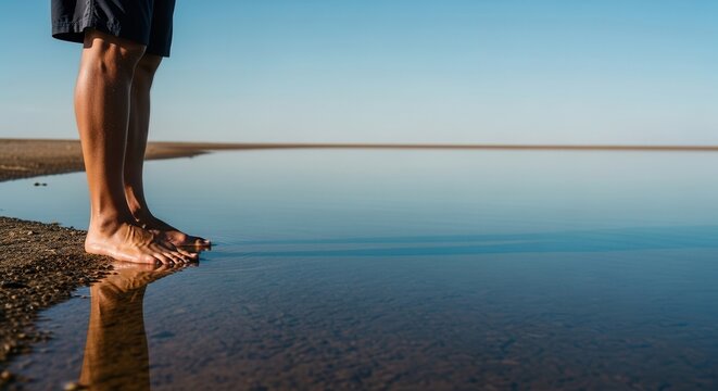 Man bare feet standing on the tranquil water edge, reflecting the clear blue sky above - Powered by Adobe