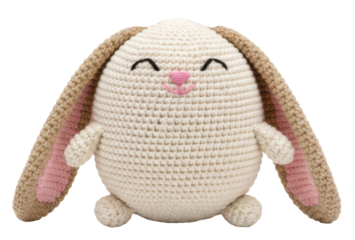 an adorable white and pink rabbit toy with long ears and a friendly expression, made of crochet