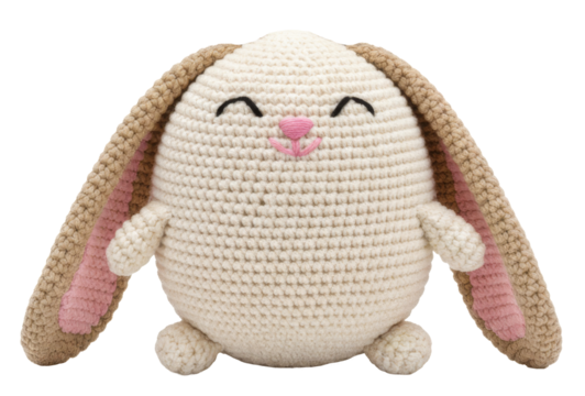 an adorable white and pink rabbit toy with long ears and a friendly expression, made of crochet