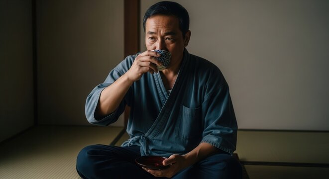 Mature japanese man in traditional robe sips tea on tatami mat, embodying cultural tranquility